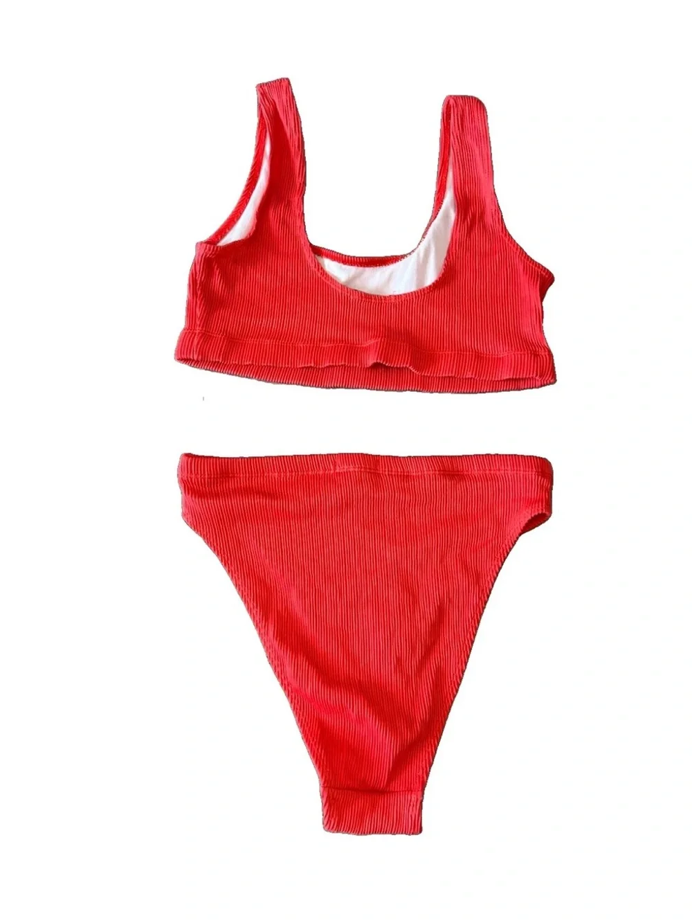 Nasty Gal Ribbed Red High Waist Bikini Set XS High Cut Scoop Neck